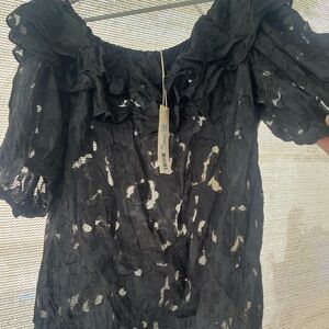 Rebecca Taylor Black Ruffled Puff Sleeve Blouse